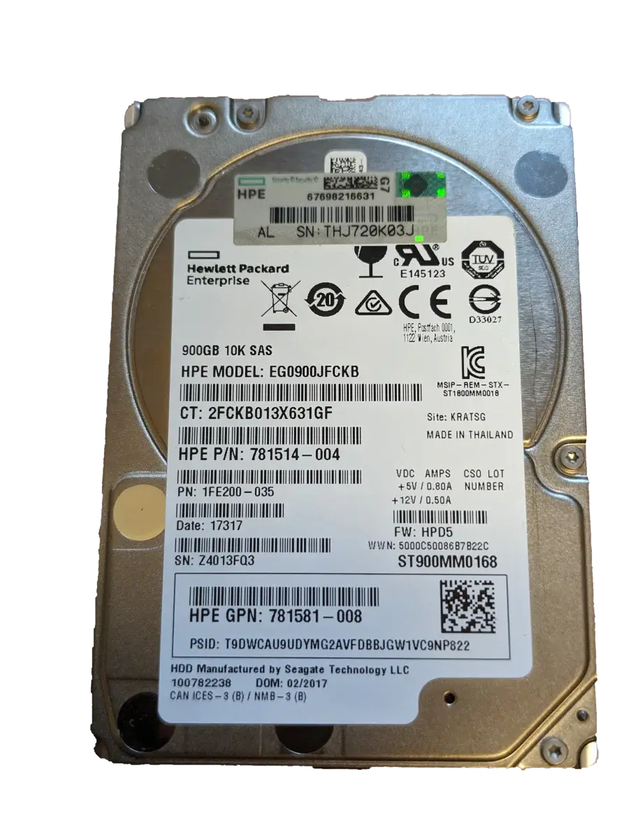 HPE 900GB 10K 12G SAS 2.5'' Server Sunucu Harddisk EG0900JFCKB ST900MM0168 781514-004 781518-008 1FE200-035