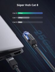 UGREEN 80727 NW121 CAT8 2000MHz Bant 25GB/s Daha Yüksek Ağ Hızı Ethernet Kablosu Siyah 15metre - 2