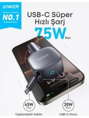 ANKER A2738 NO.1 75W 8A 2 in 1 USB-C Cluetter Free Car Charger Built-İn Rerractable Araç Şarj Aleti - 2