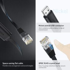 UGREEN 50773 CM204 USB-A to RJ45 Dönüştürücü Stabil Bağlantı Flat Kablo Siyah 1.5metre