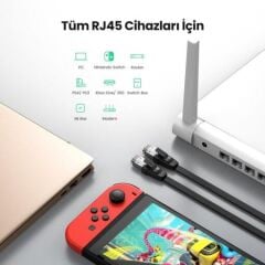 UGREEN 10983 CAT8 2000MHz Stabil Bant 40GB/s U/FTP Flat RJ45 Yassı Ethernet Kablosu Siyah 5metre