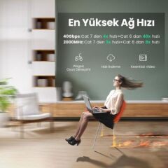 UGREEN 10983 CAT8 2000MHz Stabil Bant 40GB/s U/FTP Flat RJ45 Yassı Ethernet Kablosu Siyah 5metre