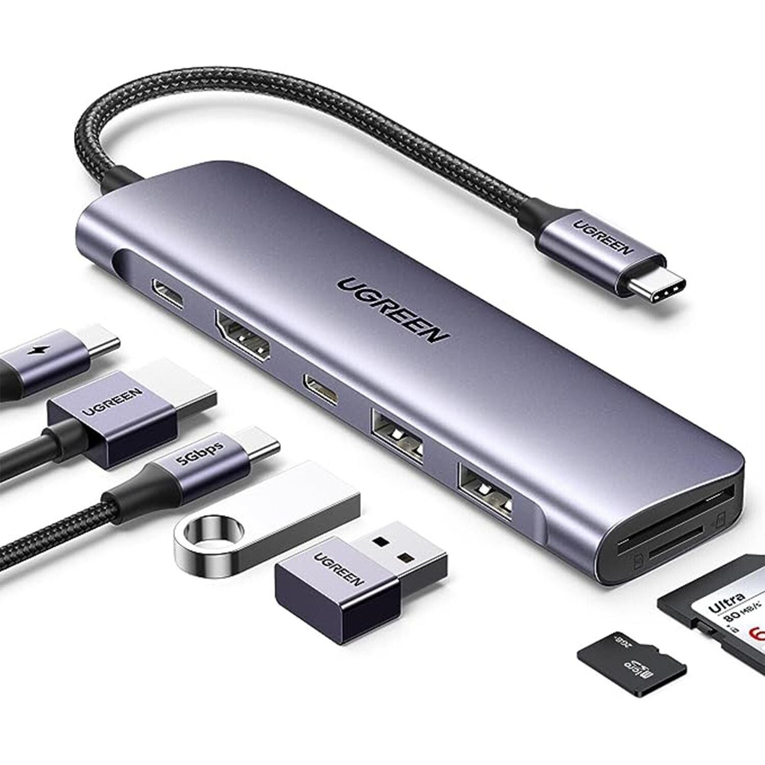 UGREEN 15214 CM195 7 in 1 USB-C to 2xUSB-A Çoklayıcı 1x4K/30Hz HDMI 1xUSB-C 3.2 1xSD 1xTF Kart Okuyucu 1xUSB-C PD 100W Şarj Desteği Çok Fonksiyonlu Bağlantı İstasyonu