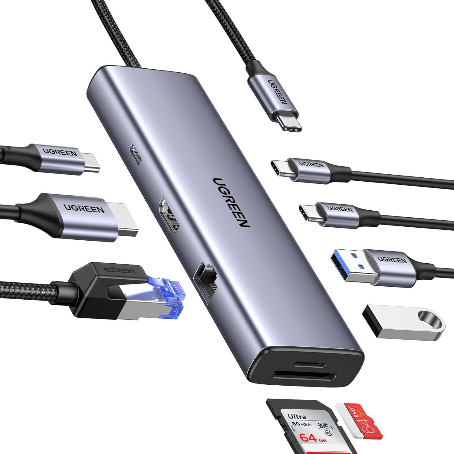 UGREEN 15375 CM498 9 in 1 USB-C to 2xUSB-A Çoklayıcı 1x4K/60Hz HDMI 2xUSB-C 3.2 1xRJ45 Gigabit Ethernet 1xSD 1xTF Kart Okuyucu 1xUSB-C PD 100W Şarj Desteği Çok Fonksiyonlu Bağlantı İstasyonu
