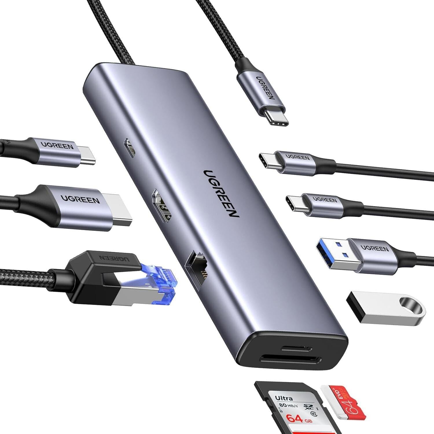 UGREEN 15375 CM498 9 in 1 USB-C to 2xUSB-A Çoklayıcı 1x4K/60Hz HDMI 2xUSB-C 3.2 1xRJ45 Gigabit Ethernet 1xSD 1xTF Kart Okuyucu 1xUSB-C PD 100W Şarj Desteği Çok Fonksiyonlu Bağlantı İstasyonu