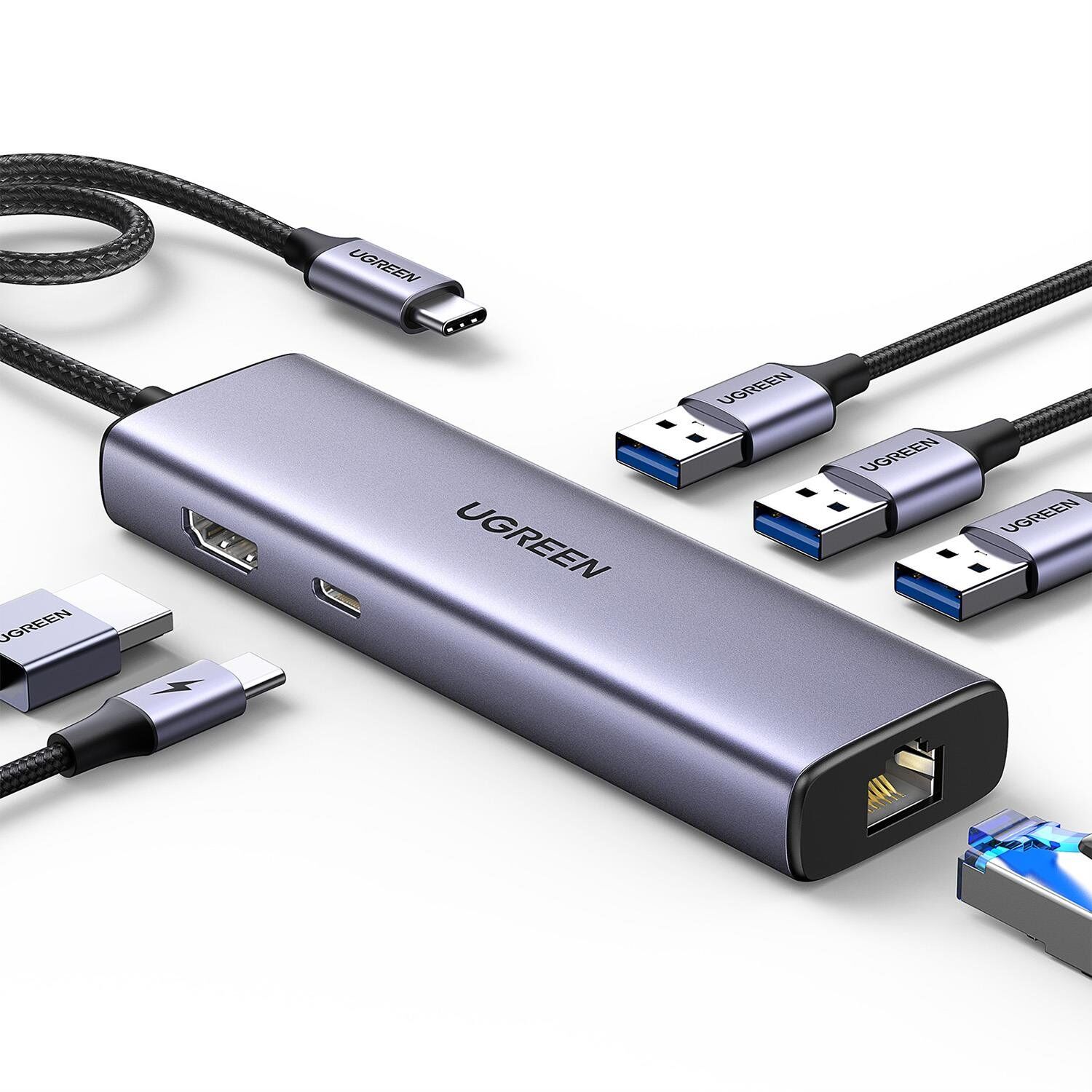 UGREEN 15598 Type-C to 3*USB 3.0 4K/30HZ HDMI RJ45 Gigabit Ethernet 100W PD Güç Girişi Çoklayıcı Hub