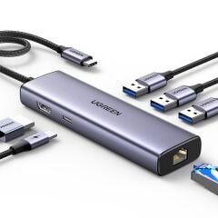 UGREEN 15598 CM512 USB-C to 3xUSB-A Çoklayıcı 1x4K/30Hz HDMI 1xRJ45 Gigabit Ethernet 1xUSB-C PD 100W Şarj Desteği Çok Fonksiyonlu Bağlantı İstasyonu