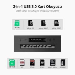 UGREEN 20250 CR127 2 in 1 USB-A 3.0 to 1xSD 1xTF 5GB/s Yüksek Hızlı Veri Aktarımı Çok Fonksiyonlu Kart Okuyucu