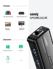 UGREEN 20265 USB 3.0 1000MB/s Gigabit Ethernet RJ45 Dönüştürücü 3 Port Hub USB Çoklayıcı