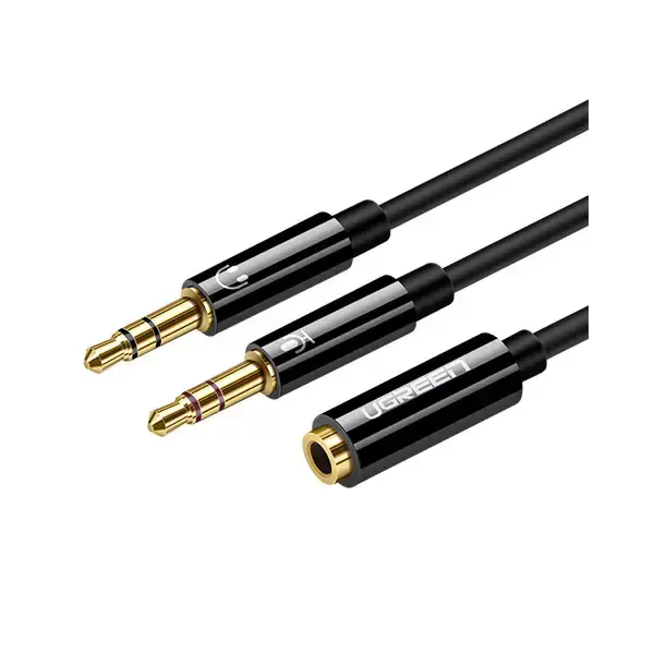 UGREEN 20898 AV140 2x3.5mm Erkek 1x3.5mm Dişi ABS Kılıflı Konnektör Ayırıcı Ses Kablosu Siyah 20cm