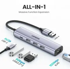 UGREEN 20915 CM475 USB-A 3.0 to 3xUSB-A 3.0 1xRJ45 Gigabit Çok Fonksiyonlu Ethernet Adaptörü - 2