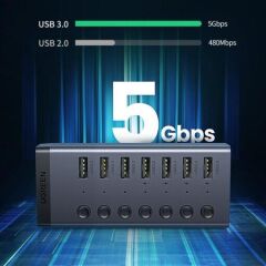 UGREEN 30778 7 Port 5Gbps (USB 3.0 Bağlantı Noktasında) Aktarım Hızı Hub Çoklayıcı ve Şarj İstasyonu