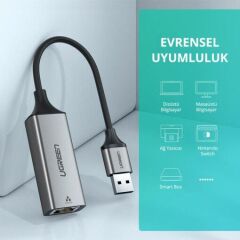 UGREEN 50922 CM209 USB-A 3.0 to RJ45 10/100/1000Mbps Gigabit Ethernet Adaptörü Uzay Grisi