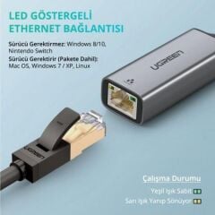 UGREEN 50922 CM209 USB-A 3.0 to RJ45 10/100/1000Mbps Gigabit Ethernet Adaptörü Uzay Grisi