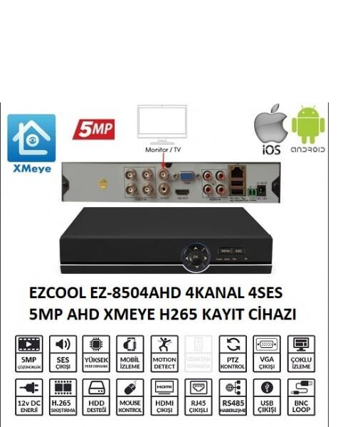 EZCOOL EZ-8504AHD 5mp Çözünürlük 4 Ses 4 Kanal AHD XMEYE Kayıt Cihazı (1 Hdd Destekli)