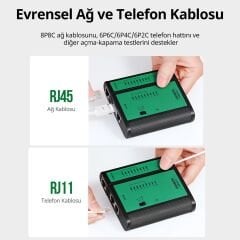UGREEN 10950 NW167 RJ45 RJ11 RJ12 Uyumlu CAT5/CAT5e/CAT6/CAT7/CAT8 Network Ağ Kablosu Ethernet Test Cihazı