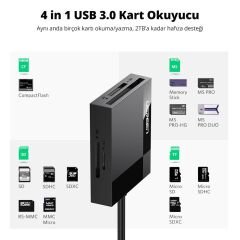 UGREEN 30333 CR125 4 in 1 USB 3.0 to 1xCF 1xMS 1xSD 1xTF 5GB/s Hızlı Veri Aktarımı Çok Fonksiyonlu Kart Okuyucu Gray 0.5metre