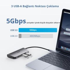 UGREEN 50771 CM212 6 in 1 USB C to 1GB/s Ethernet, 4K HDMI, USB 3.0 Hub Çoklayıcı 100W Hızlı PD Şarj