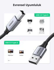 UGREEN 80802 US369 USB-A to USB-B 2.0 Örgülü Yazıcı Kablosu 1.5metre