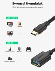 UGREEN 30701 USB-C to USB-A 3.0 OTG Dönüştürücü Adaptör 5GB/s Hızlı Veri Aktarımı Siyah 0.15metre