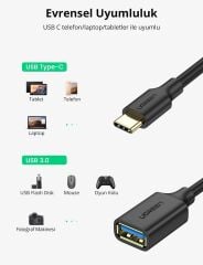 UGREEN 30701 USB-C to USB-A 3.0 OTG Dönüştürücü Adaptör 5GB/s Hızlı Veri Aktarımı Siyah 0.15metre - 2