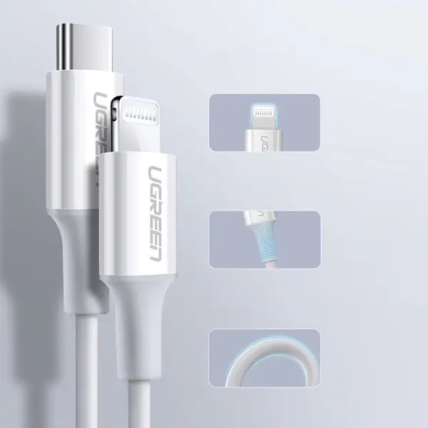 UGREEN 60746 US171 MFi Sertifikalı 36W 3A PD USB-C to Lightning Hızlı Şarj Kablosu Beyaz 0.25cm