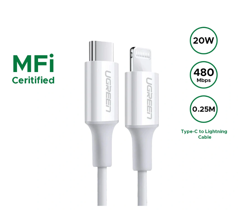 UGREEN 60746 US171 MFi Sertifikalı 20W USB-C to Lightning Hızlı Şarj Kablosu Beyaz 0.25cm