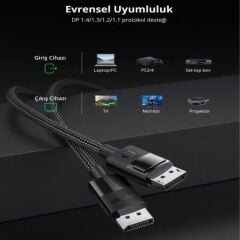 UGREEN 80392 DP114 Ultra HD 8K@60Hz Çözünürlük Displayport to Displayport 1.4 Örgülü Kablo 2metre