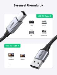 UGREEN 80804 USB-A to USB-B 2.0 Örgülü Yazıcı Kablosu 3metre