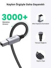 UGREEN 80804 USB-A to USB-B 2.0 Örgülü Yazıcı Kablosu 3metre