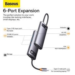 BASEUS StarJoy USB-C to 6 in 1 HDMI VGA 3xUSB 3.0 100W Çok Fonksiyonlu Hub Bağlantı İstasyonu