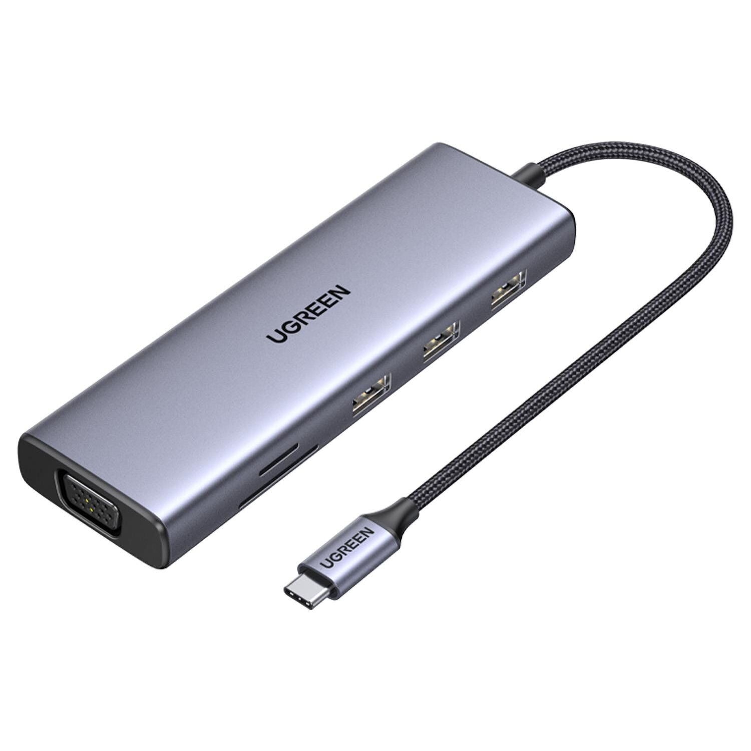 UGREEN 15600 CM498 9 in 1 USB-C to 3xUSB-A Çoklayıcı 1x4K/30Hz HDMI 1x1080P/60Hz VGA 1xRJ45 Gigabit Ethernet 1xSD 1x TF Kart Okuyucu 1xUSB-C PD 100W Şarj Desteği Çok Fonksiyonlu Bağlantı İstasyonu
