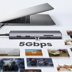 UGREEN 15600 CM498 9 in 1 USB-C to 3xUSB-A Çoklayıcı 1x4K/30Hz HDMI 1x1080P/60Hz VGA 1xRJ45 Gigabit Ethernet 1xSD 1x TF Kart Okuyucu 1xUSB-C PD 100W Şarj Desteği Çok Fonksiyonlu Bağlantı İstasyonu