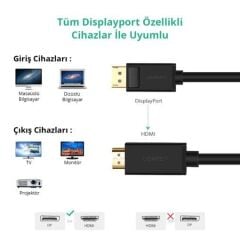 UGREEN 10203 DP101 3D 4K Görüntü Desteği DisplayPort to HDMI 2.0 Kablosu Siyah 3 Metre