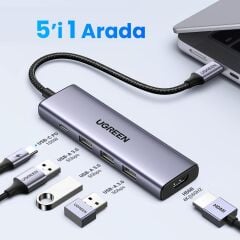 Ugreen 15596 CM511 5 in 1 USB-C Hub Çoklayıcı HDMI 4K 30Hz 3 Port USB 3.0 PD 100W Şarj Bağlantı İstasyonu