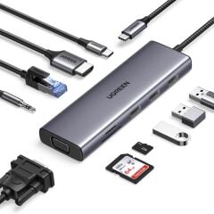 UGREEN 15601 CM498 10 in 1 USB-C to 3xUSB-A Çoklayıcı 1x4K/30Hz HDMI 1x1080P/60Hz VGA 1xRJ45 Gigabit Ethernet 1x3.5mm Kulaklık Çıkışı 1xSD 1x TF Kart Okuyucu 1xUSB-C PD 100W Şarj Desteği Çok Fonksiyonlu Bağlantı İstasyonu
