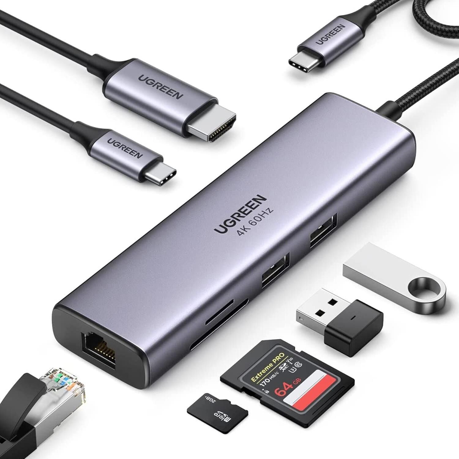 UGREEN 60515 CM512 7 in 1 Type-C to PD 100w HDMI RJ45 USB SD Micro SD Dönüştürücü HUB