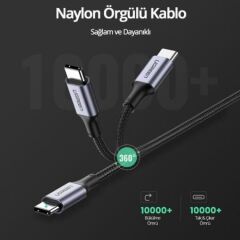 UGREEN 70427 100W PD USB-C to USB-C Süper Hızlı Şarj Kablosu 480Mbps Veri Senkronizasyonu 1metre