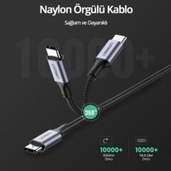 UGREEN 70427 100W PD USB-C to USB-C Süper Hızlı Şarj Kablosu 480Mbps Veri Senkronizasyonu 1metre