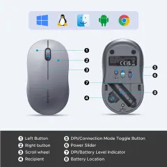 UGREEN 55146 M331 800/1200/1600dpi 2.4GHz Çift Modlu Bluetooth Kablosuz Mouse Gri