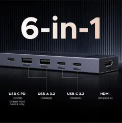 UGREEN 45363 CM818 Revodok 6 in 1 USB-C to 2xUSB-A 3.2 Çoklayıcı 1x4K/60Hz HDMI 2xUSB-C PD 10Gbps 1xUSB-C PD 100W Şarj Desteği Çok Fonksiyonlu Bağlantı İstasyonu - 2