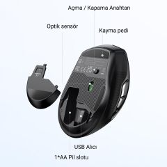 UGREEN 45390 MU006 Dual Mode 4000dpi 2.4GHz Kablosuz ve Bluetooth Sessiz Optik Mouse Siyah