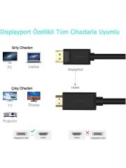 UGREEN 10202 DP101 3D 4K Görüntü Desteği DisplayPort to HDMI 2.0 Kablosu Siyah 2metre