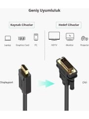 UGREEN 10221 DP103 1080P Görüntü Desteği DisplayPort to DVI 24+1 Görüntü Kablosu Siyah 2metre