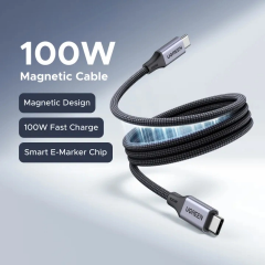 UGREEN 55517 L520 100W 5A PD USB-C to USB-C Hızlı Şarj ve Data Kablosu Kendinden Toparlanan Manyetik Örgülü Siyah 1metre