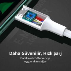 UGREEN 60551 US300 5A 100W PD USB-C to USB-C Hızlı Şarj ve Data Kablosu Beyaz 1metre