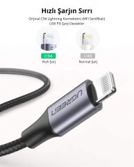 UGREEN 60759 US304 Alüminyum Kılıflı 3A USB-C to Lightning Hızlı Şarj Kablosu Örgülü 1metre