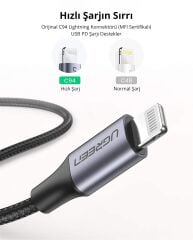 UGREEN 60759 US304 Alüminyum Kılıflı 3A PD MFi Sertifikalı USB-C to Lightning Hızlı Şarj Kablosu Örgülü 1metre