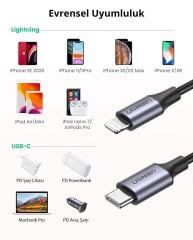 UGREEN 60759 US304 Alüminyum Kılıflı 3A PD MFi Sertifikalı USB-C to Lightning Hızlı Şarj Kablosu Örgülü 1metre