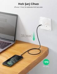UGREEN 60759 US304 Alüminyum Kılıflı 3A PD MFi Sertifikalı USB-C to Lightning Hızlı Şarj Kablosu Örgülü 1metre